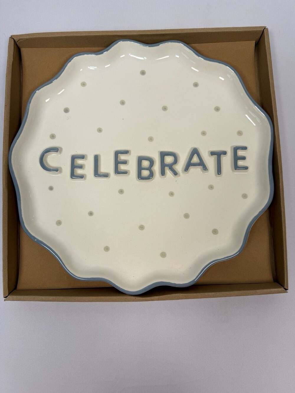 Mud Pie Celebrate Platter Polka Dot Scalloped Rim Ceramic Serving Tray